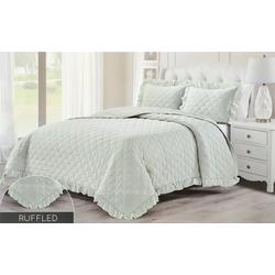 King Size 3 Pc Ultra Soft Ruffled Quilt Set - Green