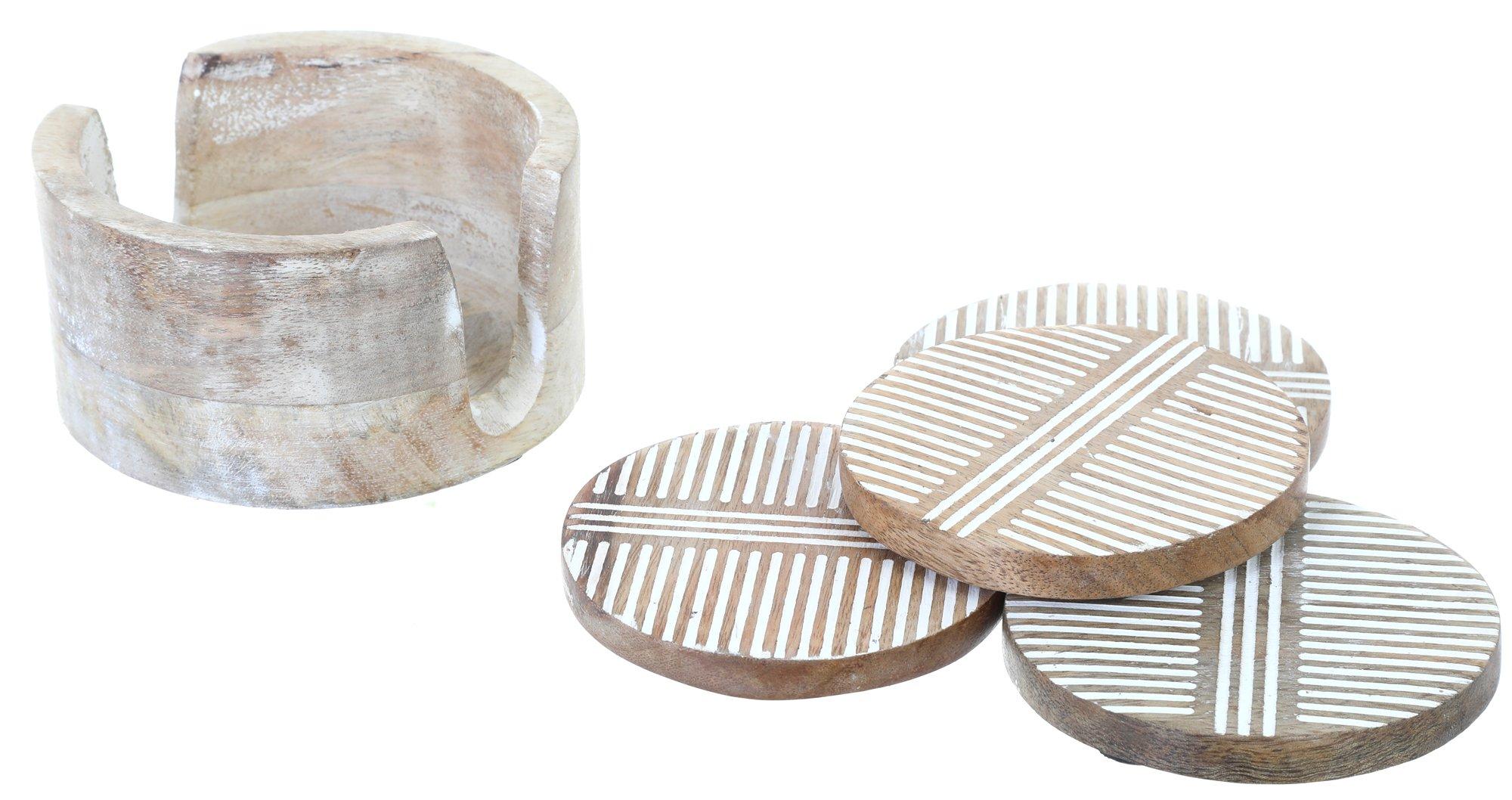 4 Pk Wooden Round Coasters with Caddy