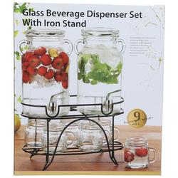 9 Pc Glass Beverage Dispenser Set with Iron Stand